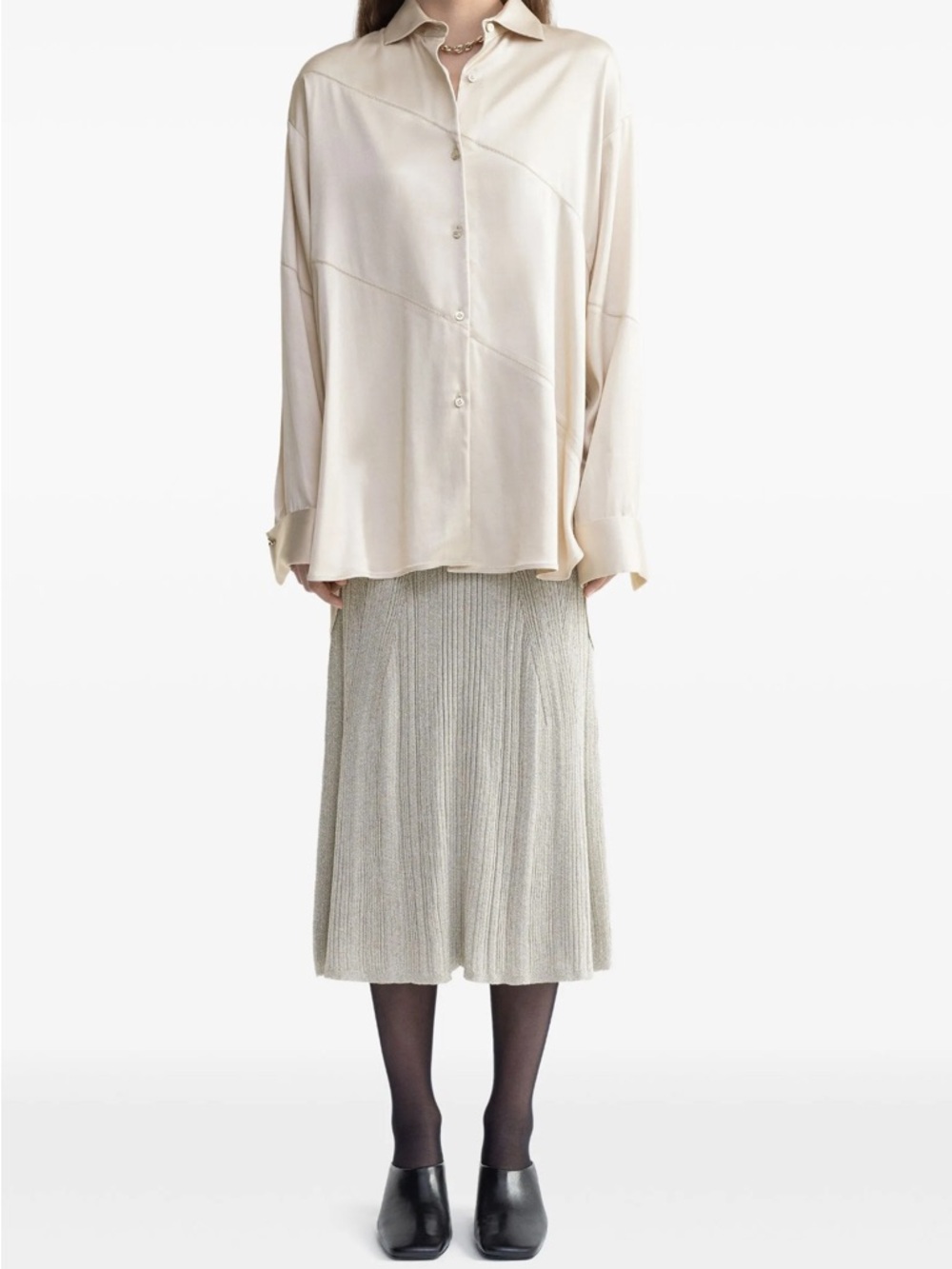 Aeron Abigail Satin Oversized Button-Up Shirt in Silver / shiny Crème - Picture 6 of 8